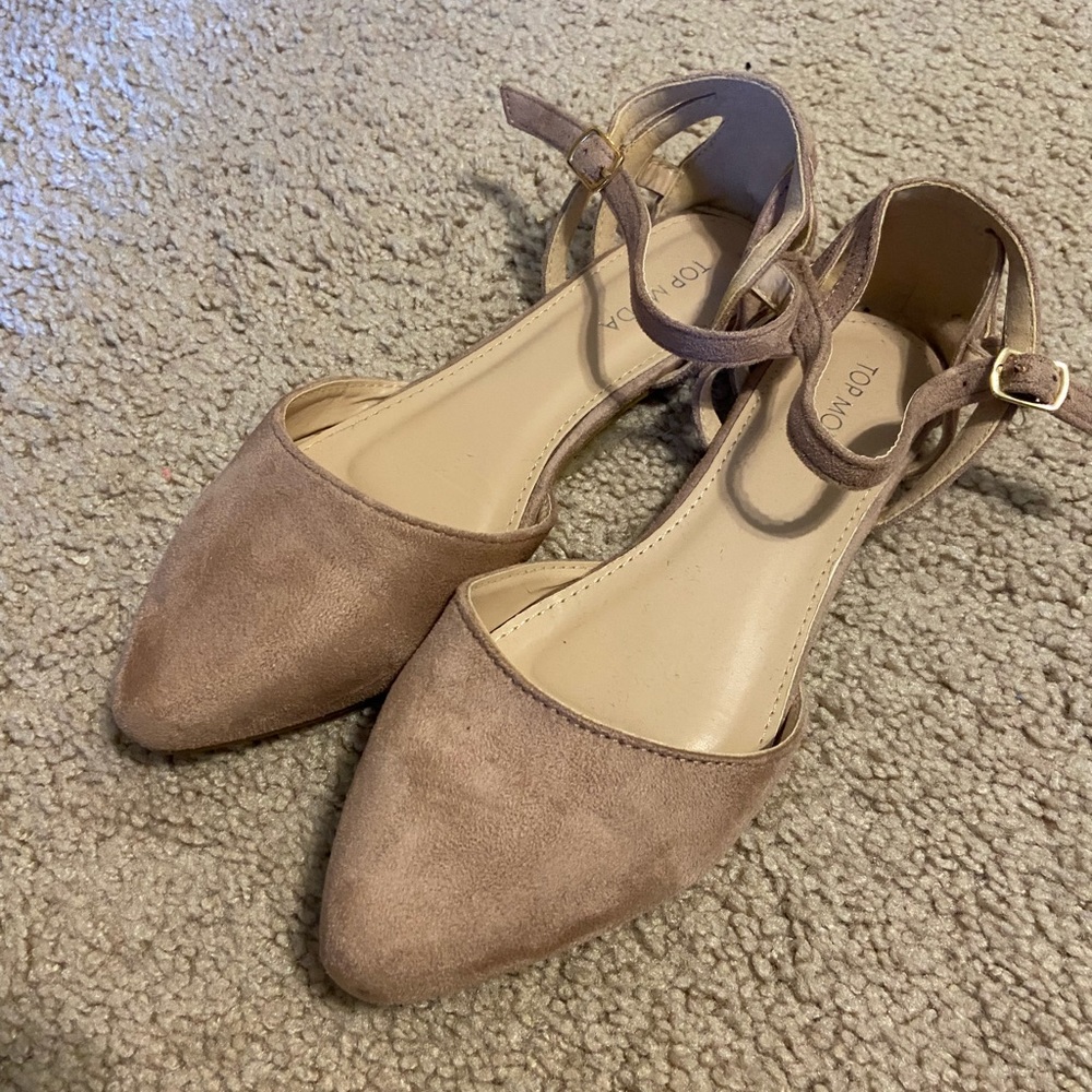 Pink suede flats with ankle strap